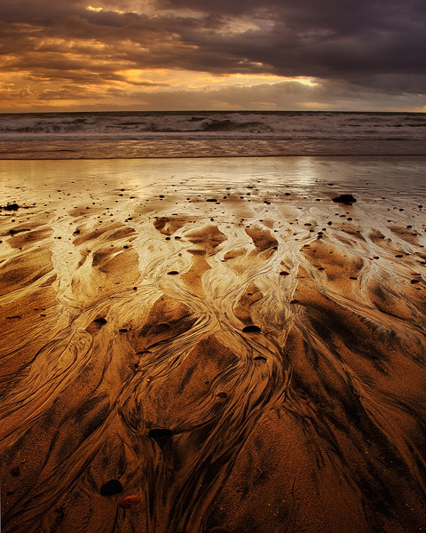 ocean, sunset, rock, sea, sand, gold, Encinitas, California, coast, shore, wave, beach, clouds